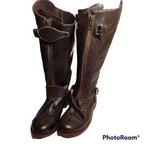 ANOUK Womens Size 7 Leather Brown Riding Knee Boots Vibram Rodeo Belted Zip